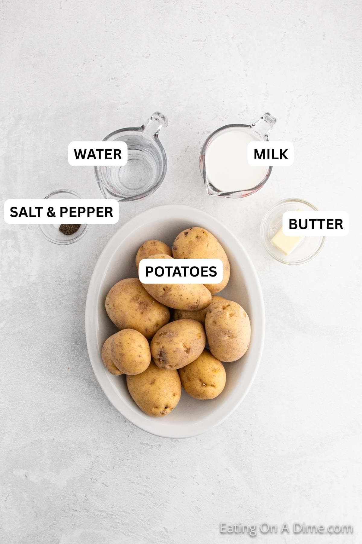 Ingredients for recipe: milk, water, salt, pepper and potatoes.