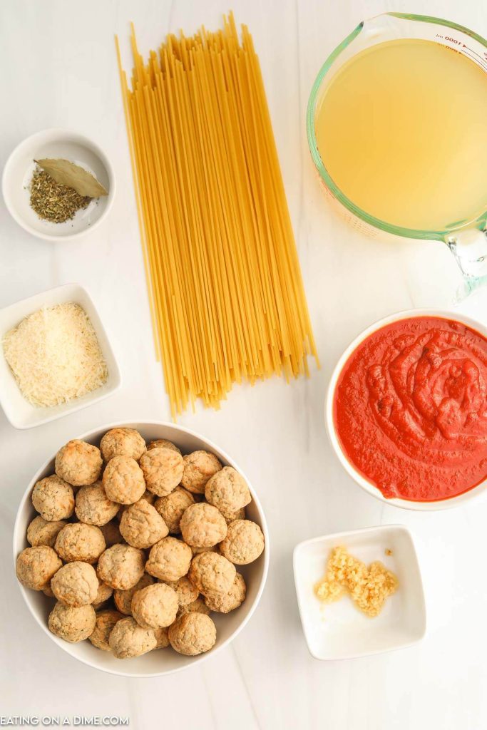 Ingredients needed  - mini meatballs, chicken broth, marinara sauce, bay leaf, italian seasoning, minced garlic, spaghetti noodles, parmesan cheese