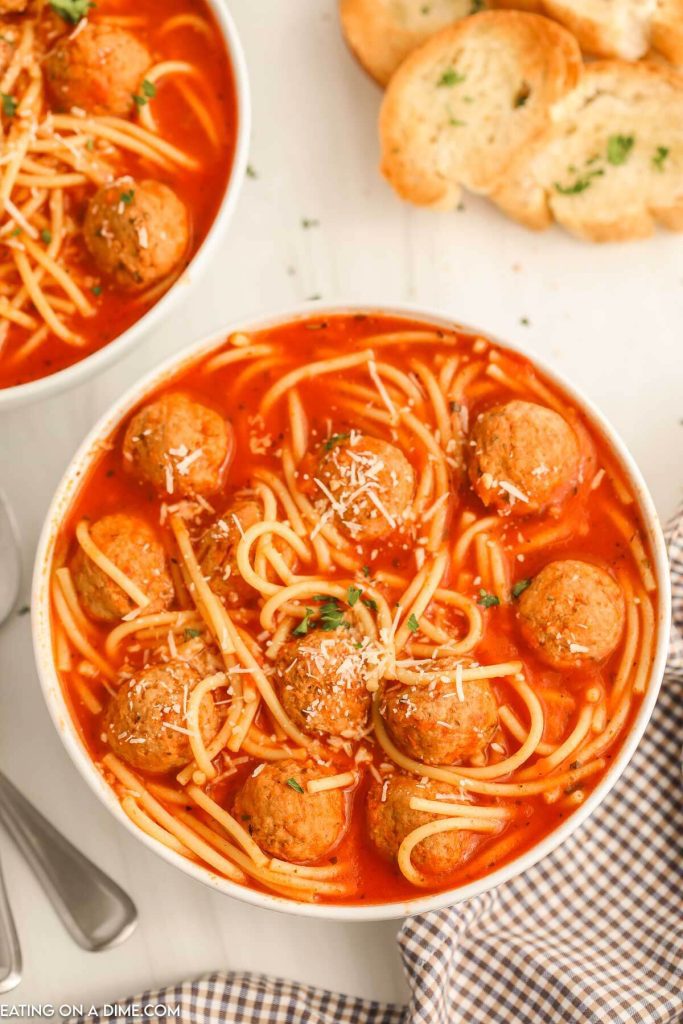 Spaghetti Soup in a white bowl