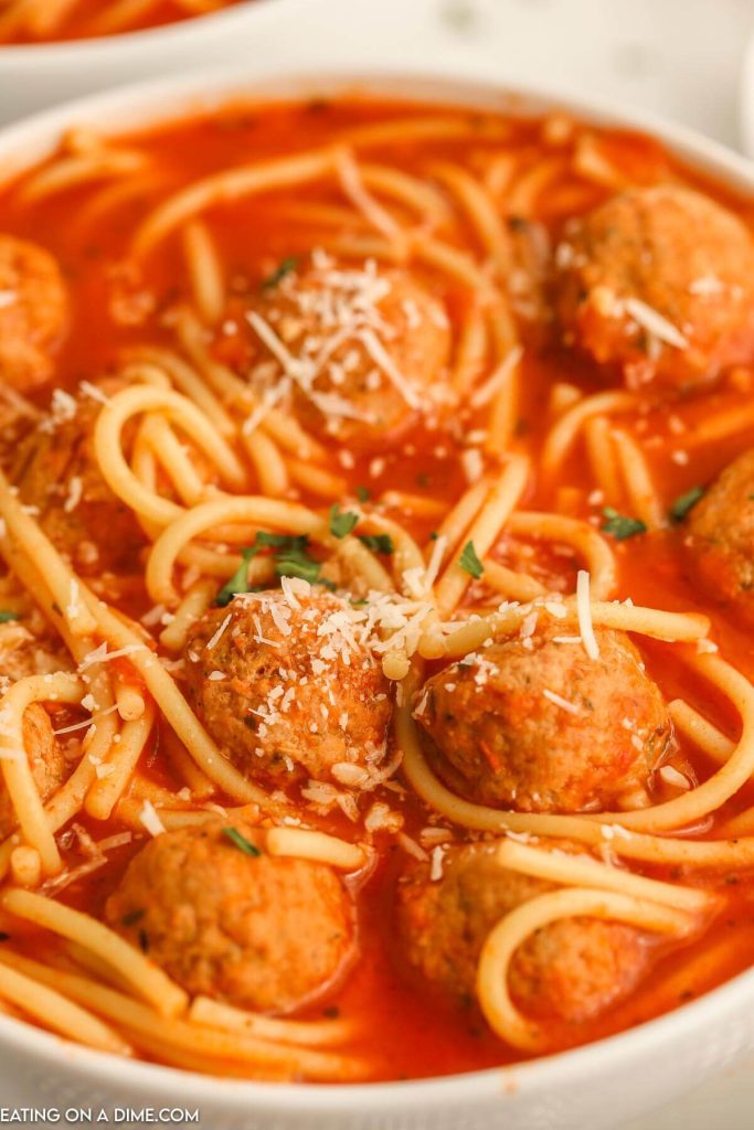 Spaghetti Soup in a white bowl