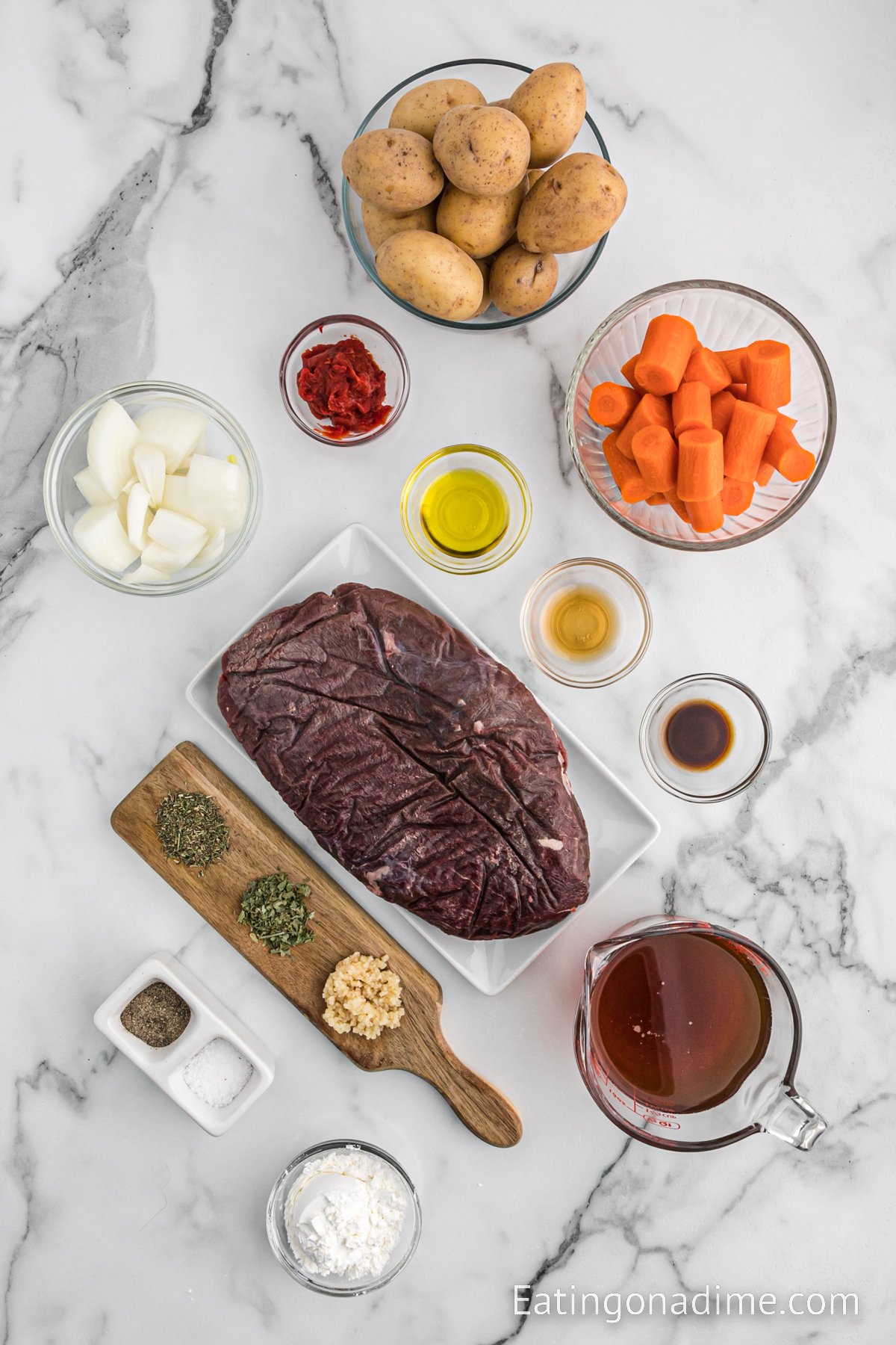 Ingredients needed - venison roast, olive oil, pepper and salt, beef broth, tomato paste, balsamic vinegar, worcestershire sauce, thyme leaves, parsley, garlic, onion, potatoes, carrots, and cornstarch