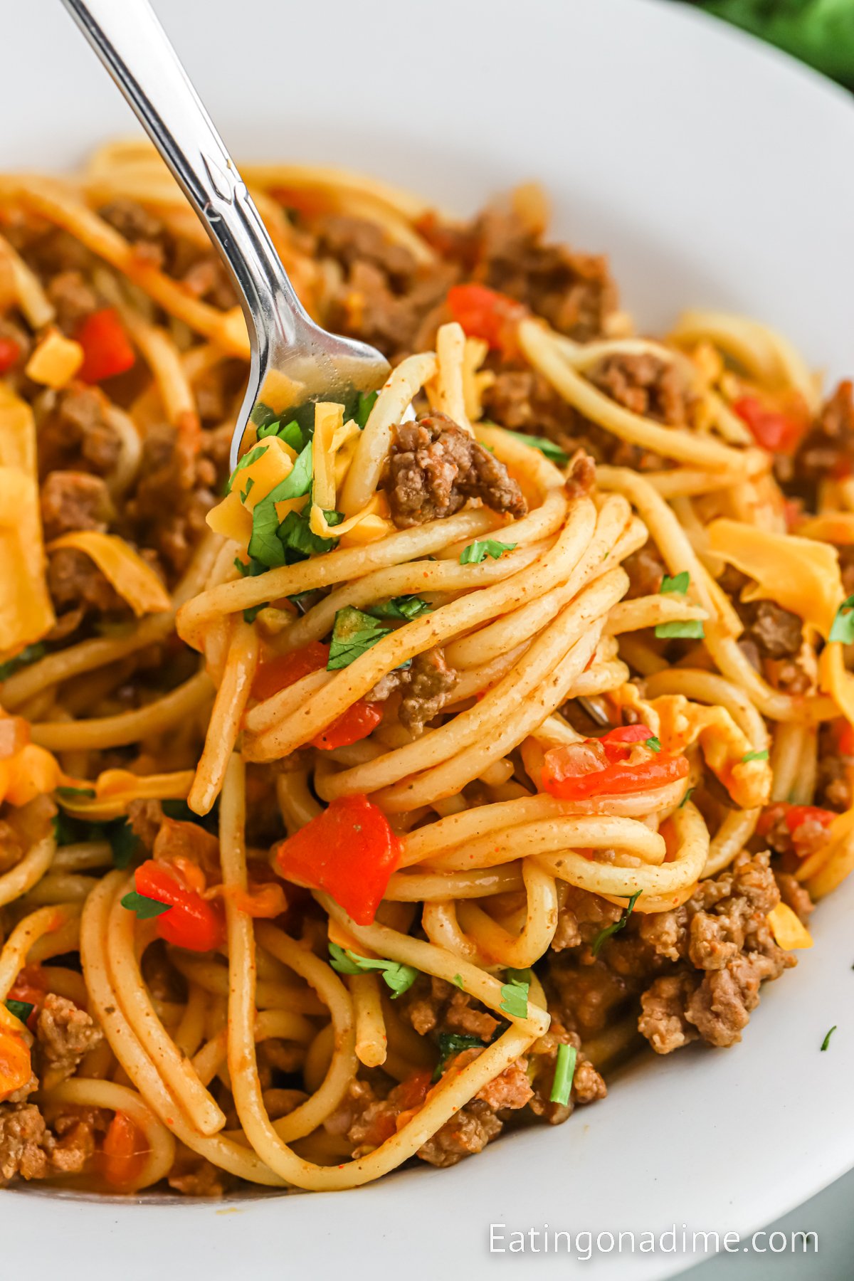 Taco Spaghetti in a dish with a bite on a fork