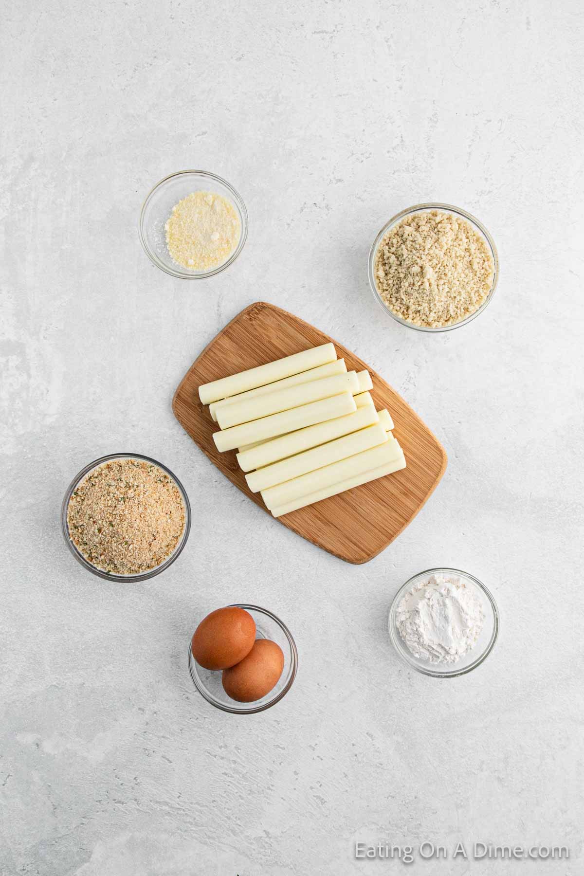Mozzarella Sticks ingredients - cheese sticks, flour, eggs, Italian Bread Crumbs, Panko Bread Crumbs, Parmesan Chese