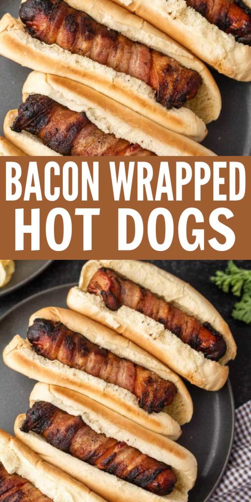 Bacon Wrapped Hot Dogs Recipe is a flavor packed combination. Learn how to cook them in the oven, on the grill or in the air fryer. The bacon infuses the hot dogs with so much flavor as they cook. It is simply amazing. #eatingonadime #baconwrappedhotdogs #baconwrappedrecipes