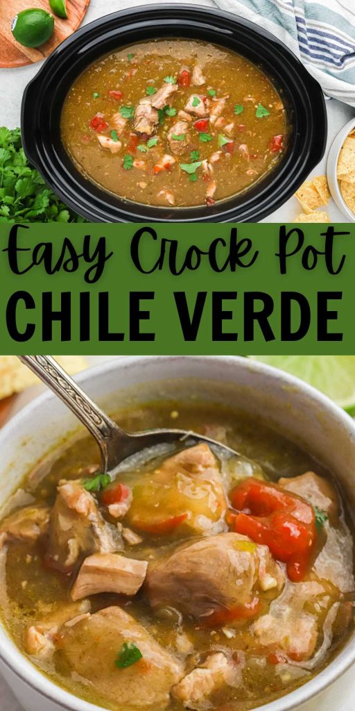 Pork Shoulder is cooks tender in this Crock Pot Chile Verde Recipe. Chile Verde is an easy to dish to make and loaded with tons of flavor.  Chunks of pork are cooked in a salsa verde sauce, green enchilada sauce and tomatoes to make a delicious dish. #eatingonadime #crockpotchileverde #chileverde