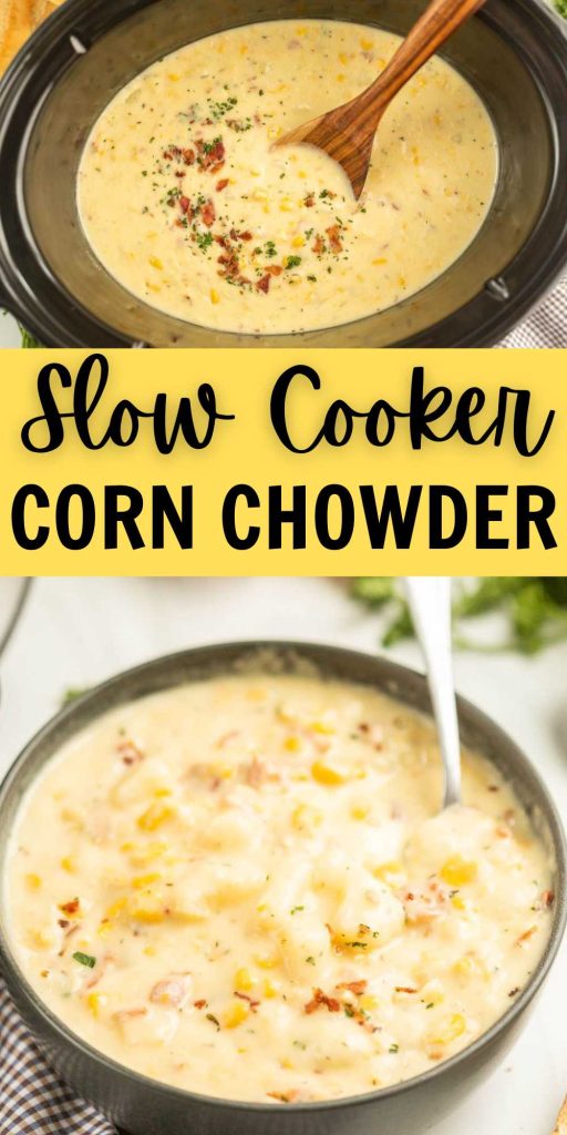 Crock Pot Corn Chowder is loaded with tender potatoes, corn, bacon and a creamy broth. This soup cooks in the crockpot for a delicious meal. The easy ingredients are added to the slow cooker for a creamy, delicious soup recipe. #eatingonadime #crockpotcornchowder #cornchowderrecipes
