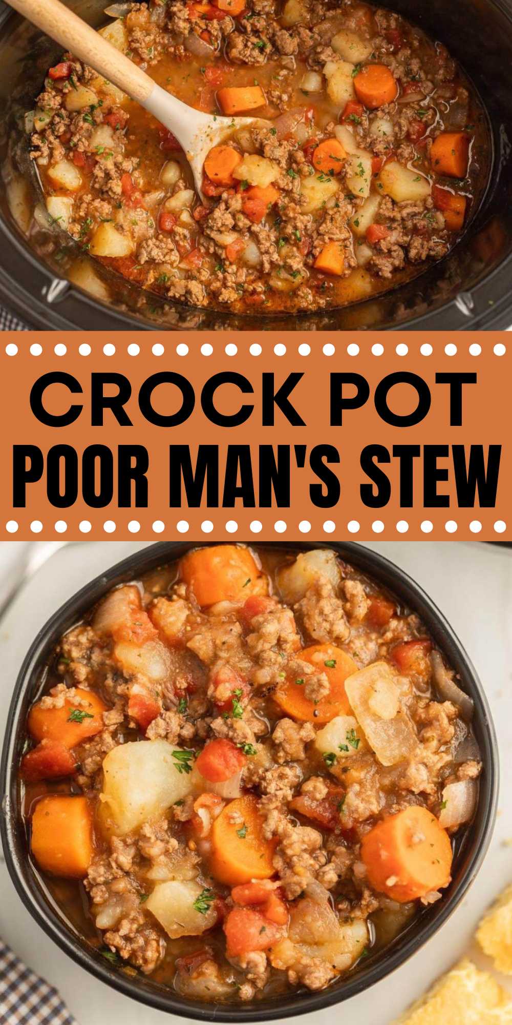 Crock Pot Poor Man's Stew is made with ground beef and other simple ingredients to make this delicious and budget friendly stew recipe. Loaded with ground beef and delicious vegetables. This stew is easy to make and the perfect weeknight meal. #eatingonadime #poormansstew #crockpotgroundbeefstew