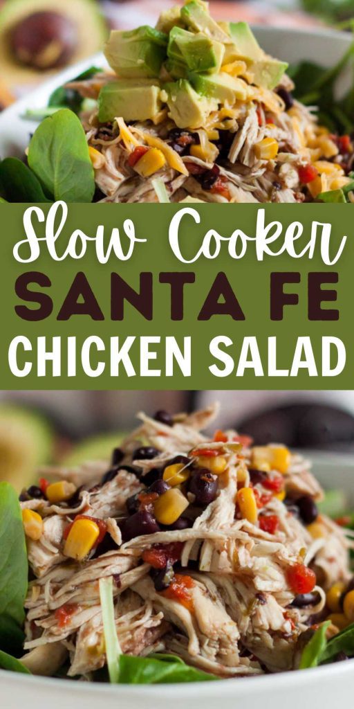 Everything you need for an easy dinner is in this Crock Pot Santa fe Chicken Salad. Tons of tender chicken, black beans and corn combine for the best meal.  This Santa Fe Chicken salad recipe is so filling and delicious but not too heavy. #eatingonadime #crockpotsantafechicken #santafechickensalad