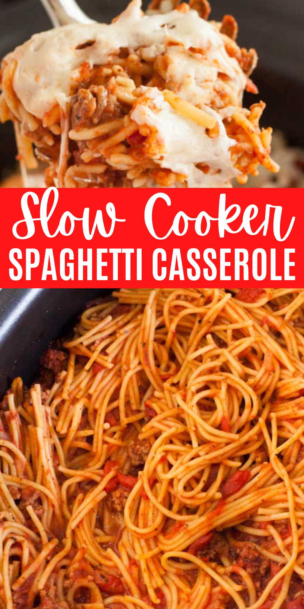 Crock pot Spaghetti Casserole Recipe is the best one pot meal. Cheesy crockpot spaghetti is the perfect weeknight dinner idea. Spaghetti is always a hit and this super easy Crock Pot Spaghetti Casserole Recipe makes it even easier.  The homemade sauce has the best flavor and the cheese is melted and delicious. #eatingonadime #crockpotspaghetticasserole #spaghetticasserole