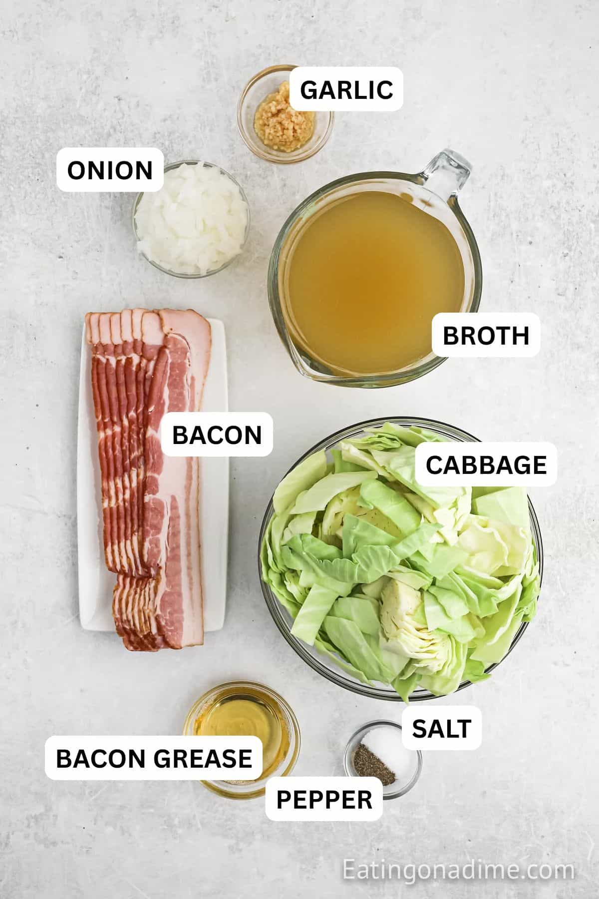 Ingredients needed - cabbage, bacon, onion, bacon, minced garlic, salt and pepper, chicken broth.