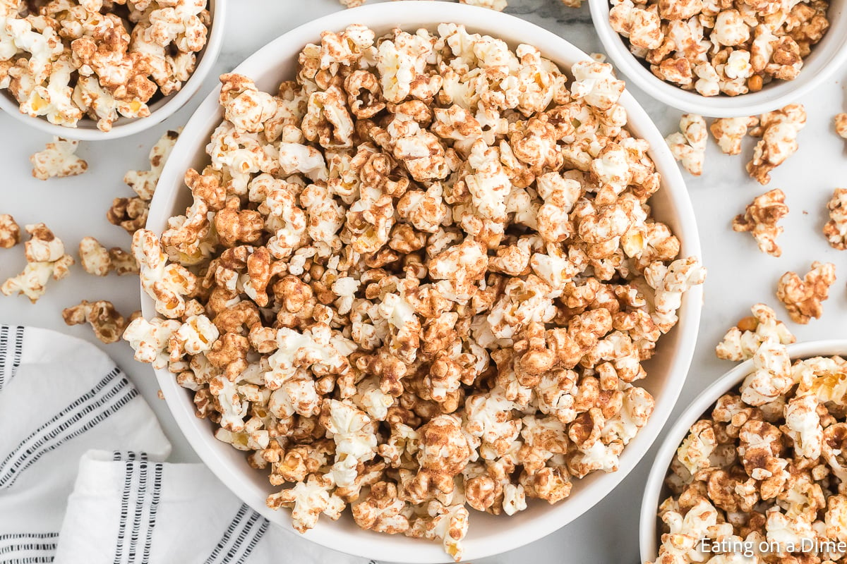 Cinnamon popcorn in a white bowl