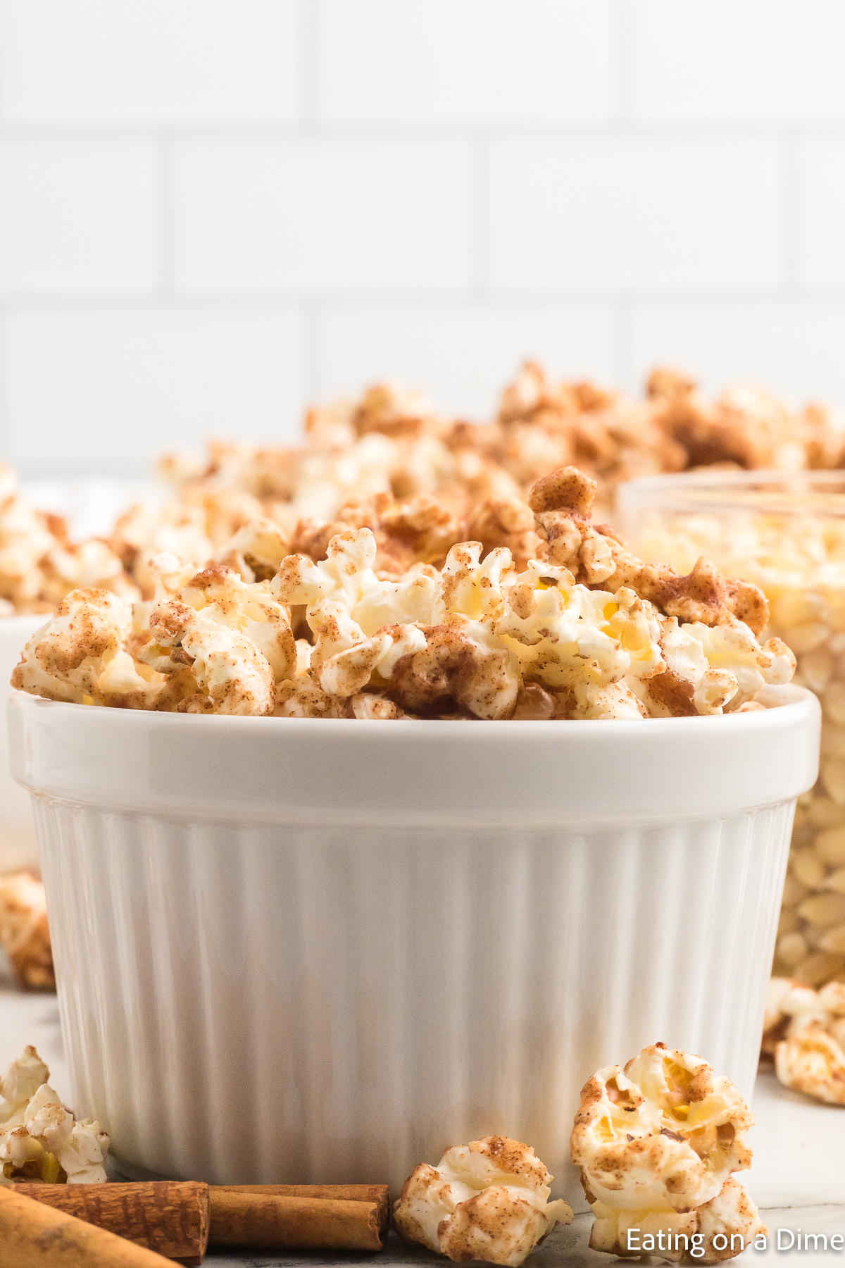 Cinnamon popcorn in a white bowl