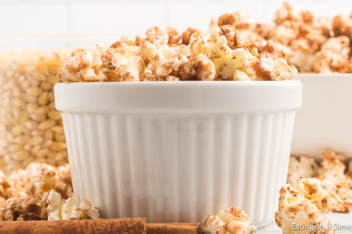 Cinnamon popcorn in a white bowl