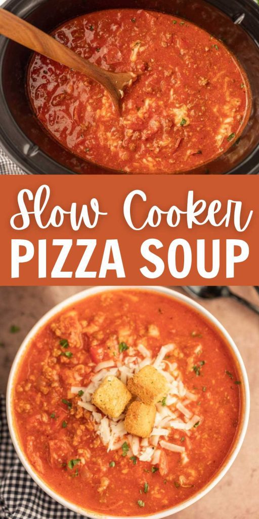 Everything you love about pizza is in this tasty Crock Pot Pizza Soup Recipe. If your family loves pizza they're going to love pizza soup. This low carb pizza soup is delicious and easy to make. Add your favorite toppings including pepperoni and sausage for a tasty meal idea. #eatingondime #pizzasoup #crockpotrecipes