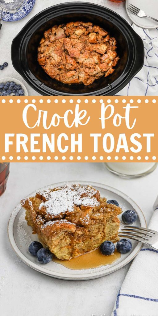 Crock Pot French Toast Recipe is the perfect holiday breakfast or brunch. Simple ingredient makes this recipe so easy to make and delicious. The slow cooker does all the work. Add your favorite toppings for a delicious and easy breakfast idea. #eatingonadime #crockpotfrenchtoast #frenchtoast