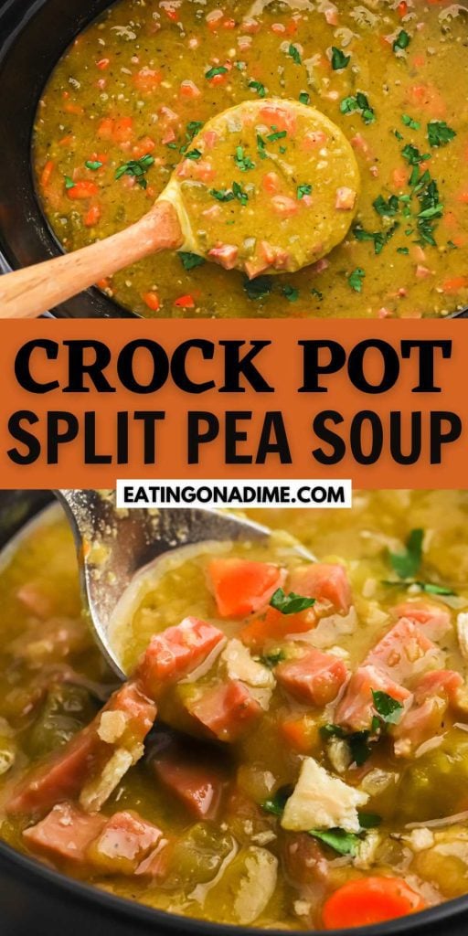Crock Pot Split Pea Soup is loaded with heart warming flavor. Creamy, delicious and the best soup to freeze and reheat another day. Slow Cooker Split Pea Soup is made with simple ingredients. It is the perfect soup to use with leftover ham or a ham hock. Creamy, delicious and flavorful soup that is loved by kids and adults. #eatingonadime #splitpeasoup #crockpotsplitpeasoup