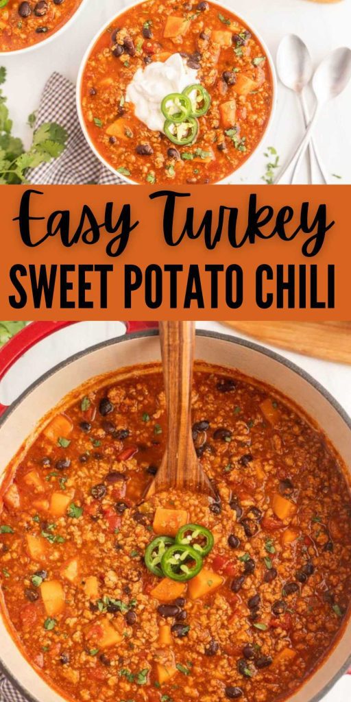 Try Turkey Sweet Potato Chili for a new and delicious twist on the traditional chili recipe.  This turkey sweet potato chili is so flavorful. The black beans paired with the sweet potatoes make this chili so delicious. #eatingonadime #turkeysweetpotatochili #turkeychili