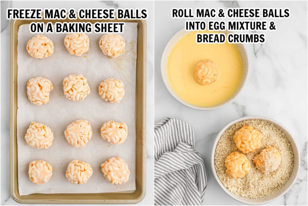 The process of freezing and rolling mac and cheese balls in the egg mixture and bread crumbs