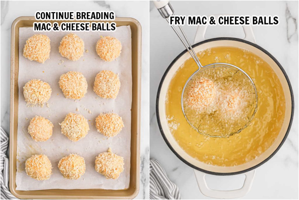 The process of breading and deep fried the mac and cheese balls