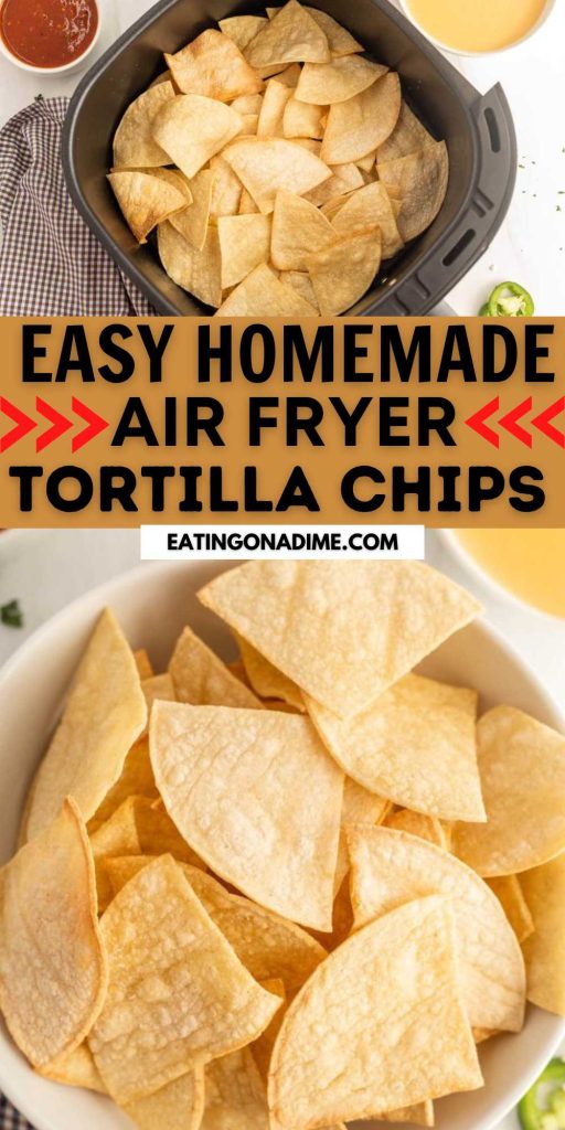 You only need 3 Ingredients to make Homemade Air Fryer Tortilla Chips. The perfect chips to serve with salsa, guacamole or queso. Homemade Tortilla Chips Air Fryer Recipe is an easy and delicious way to make tortilla chips. These chips taste way better than store bought chips. #eatingonadime #airfryertortillachips #airfryerrecipes