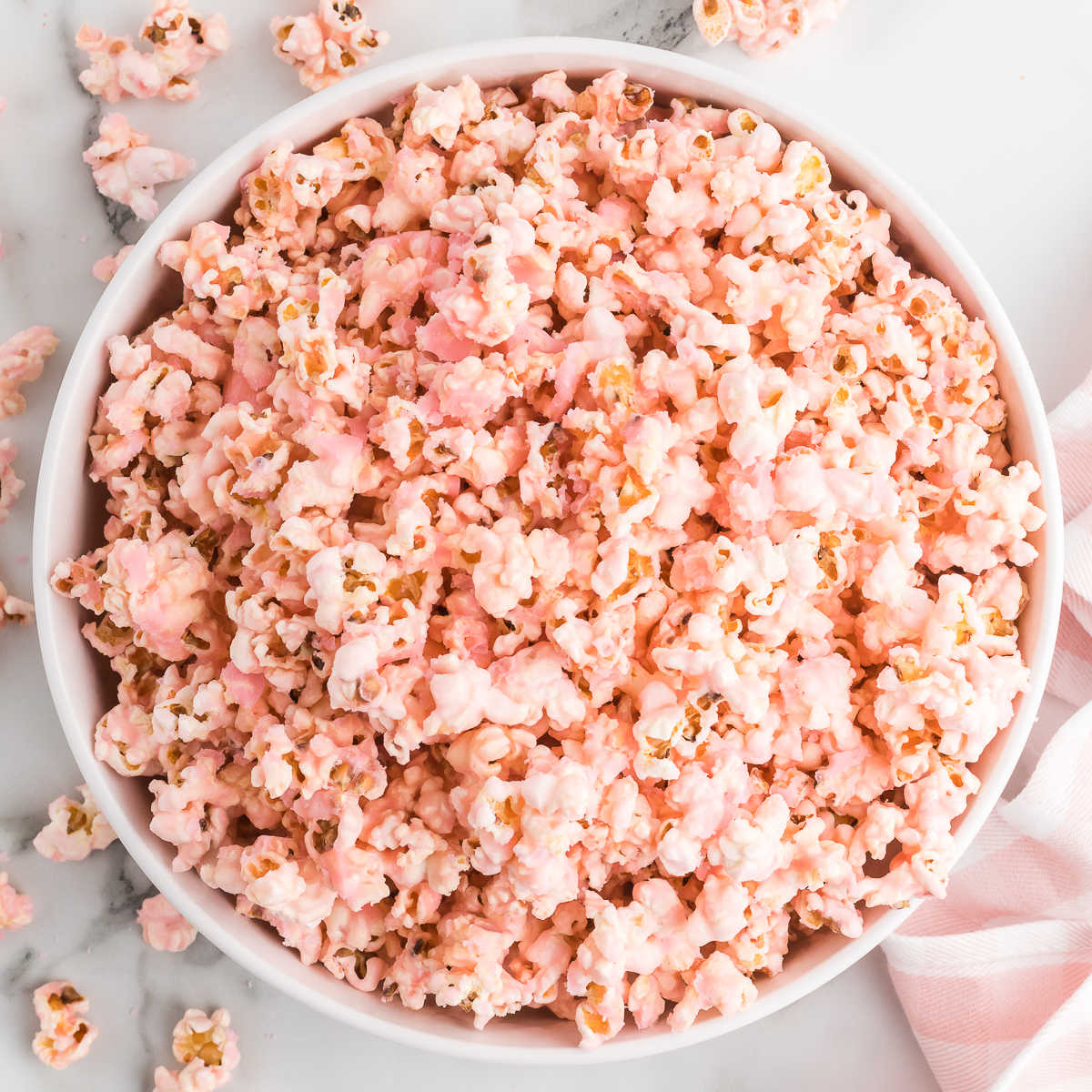 Pink Popcorn in a white bowl