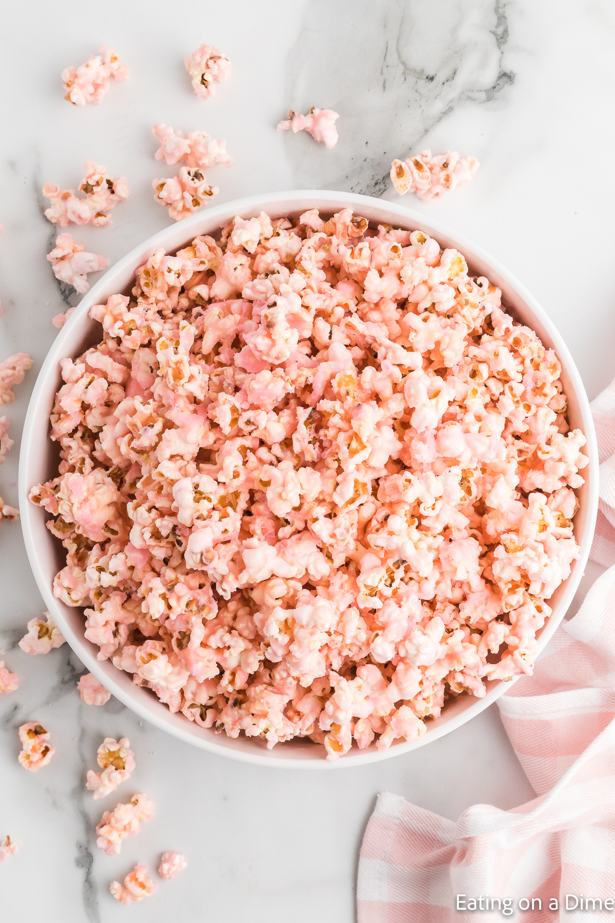 Pink Popcorn in a white bowl