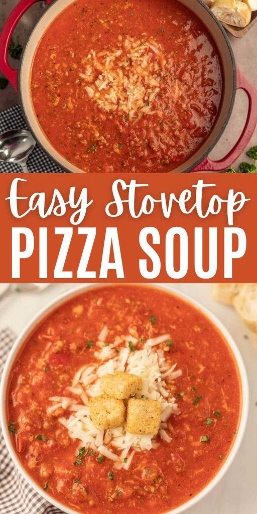 Pizza Soup is a delicious tomato based soup that is loaded with pepperoni, vegetables and easy seasoning. Simple soup topped with cheese.  This soup is loaded with pizza flavors and while still being hearty and delicious. #eatingonadime #pizzasoup #stovetoppizzasoup