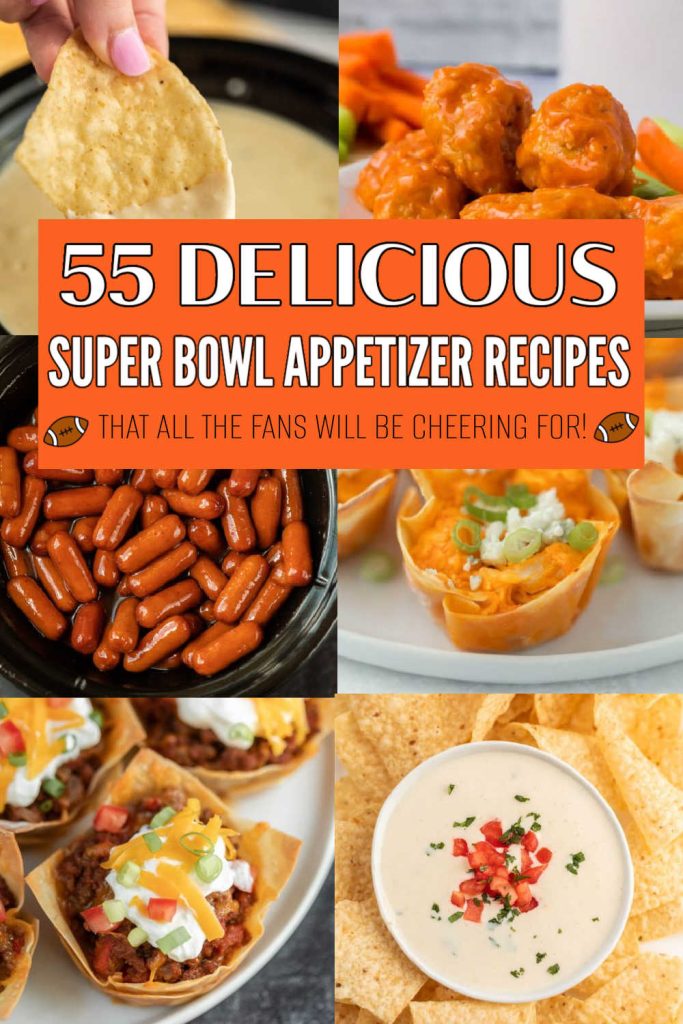 55 Easy Super Bowl Appetizers that are perfect for your next Super Bowl Party. Delicious food is a must have on Super Bowl Sunday. Game Day means lots of finger foods, cheesy dips, chicken wings, party dips and more. If you are looking for delicious super bowl recipes, we have lots of yummy super bowl snacks to try. #eatingonadime #superbowlappetizers #easyappetizers