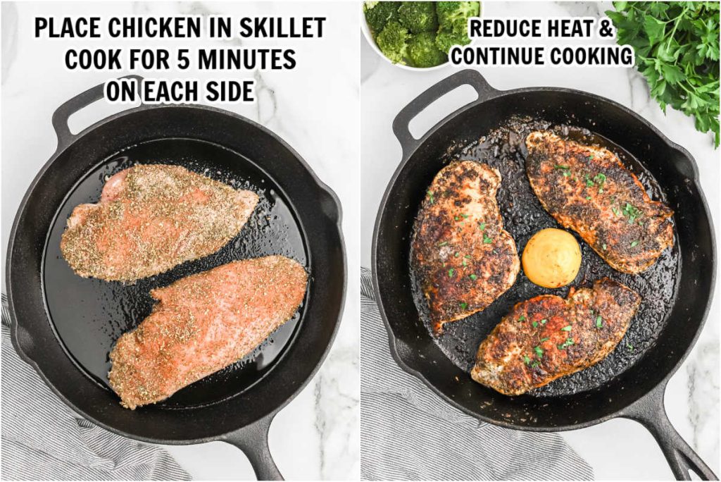 Cooking Herb Crusted chicken in a cast iron skillet