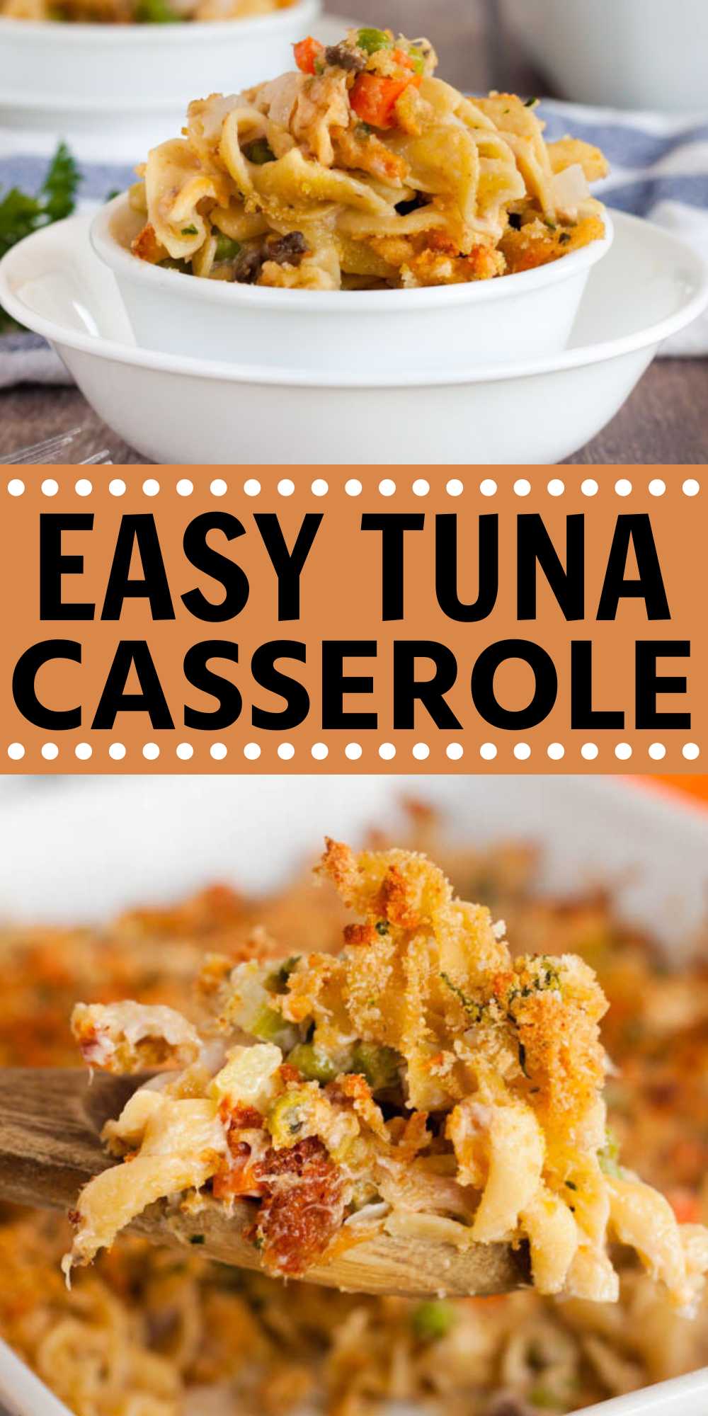 We love casseroles and this Easy Tuna Casserole Recipe does not disappoint. It is so creamy and the topping is crunchy and delicious. Casseroles do not have to be boring and this tuna noodle casserole is so tasty and delicious. The cream of mushroom soup makes the pasta mixture so creamy and the best comfort food in each bite. #eatingonadime #tunacasserole #simpletunacasserole