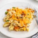 Serving of Tuna Casserole on a white plate.