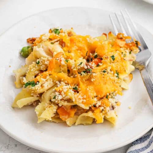 Serving of Tuna Casserole on a white plate.