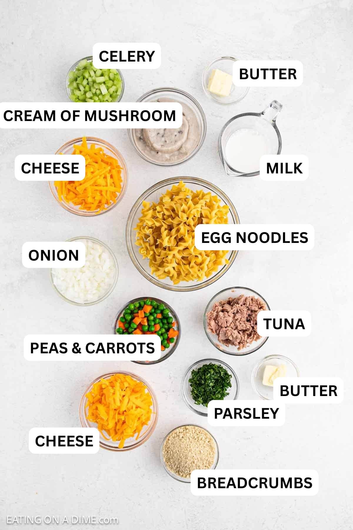 Ingredients needed for this recipe includes tuna, egg noodles, butter, onion, celery, cream of mushroom soup, milk, and more.