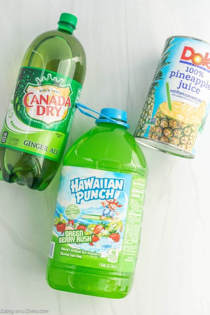 Ingredients needed - green berry rush hawaiian punch, pineapple juice, ginger ale