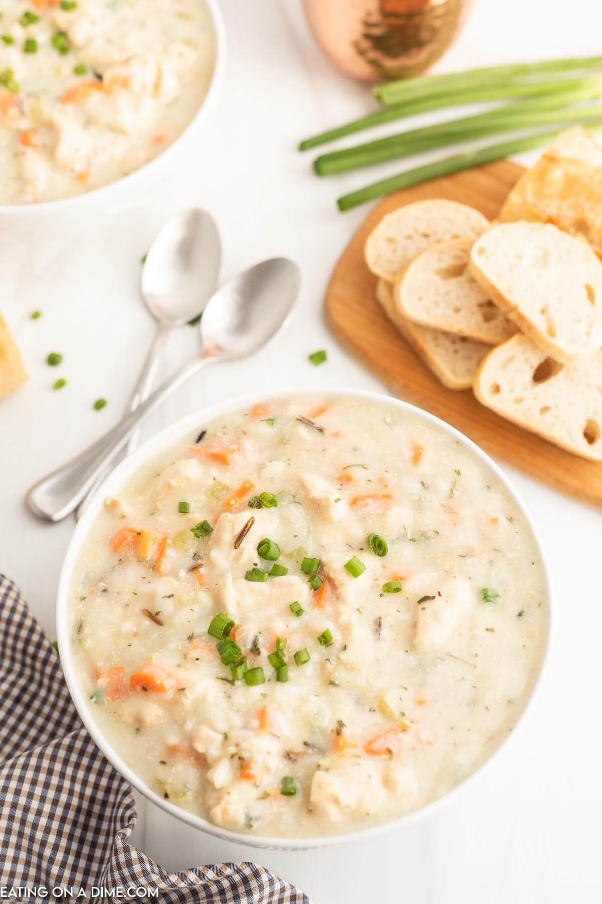 Panera Chicken and Wild Rice soup in a bowl with a spoon 