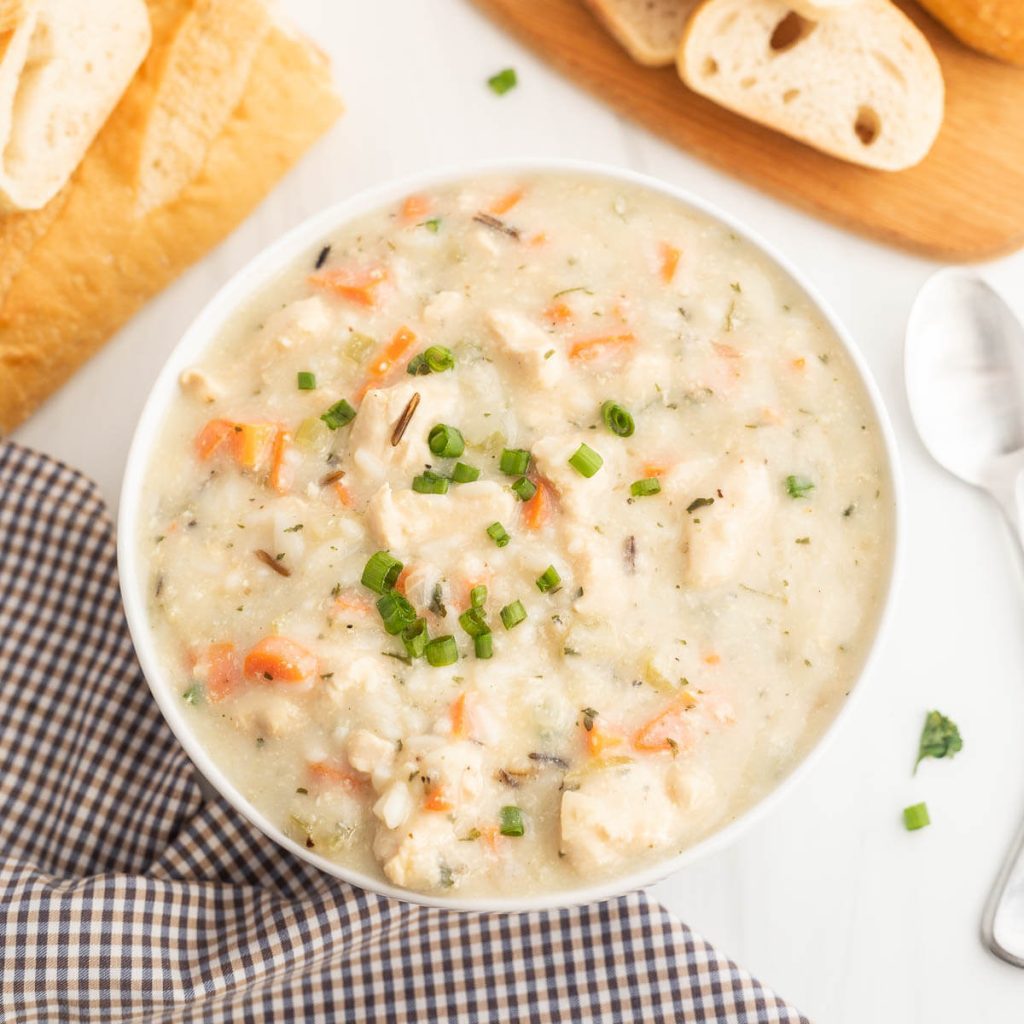 Panera Chicken and Wild Rice soup in a white bowl