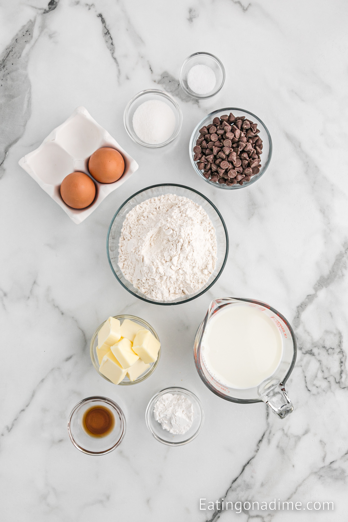 Ingredients needed - flour, sugar, baking powder, salt, butter, vanilla, milk, eggs, chocolate chips