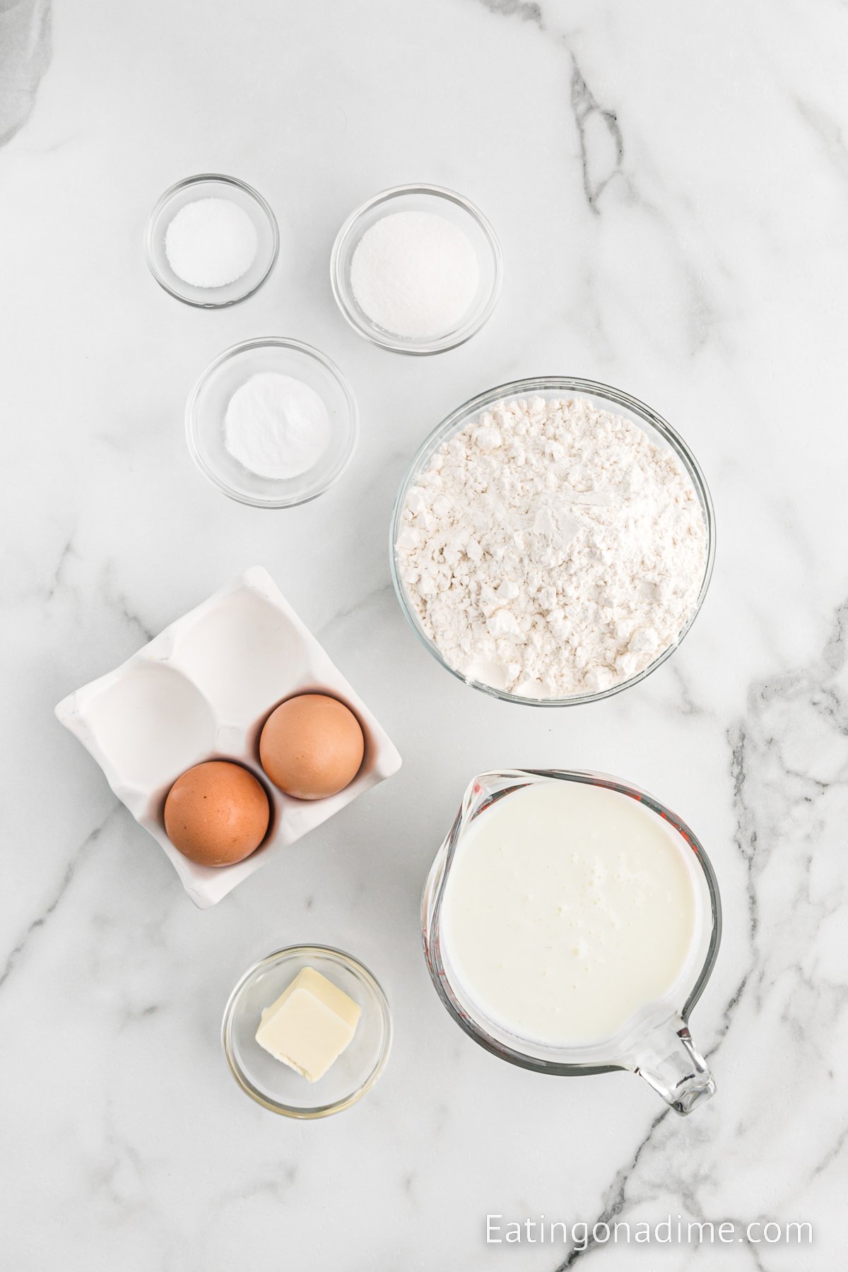 Ingredients needed - flour, baking soda, salt, sugar, eggs, buttermilk, butter