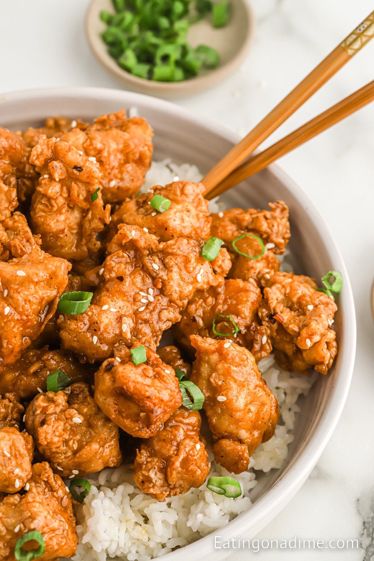 Crispy Chicken stacked on a plate with rice