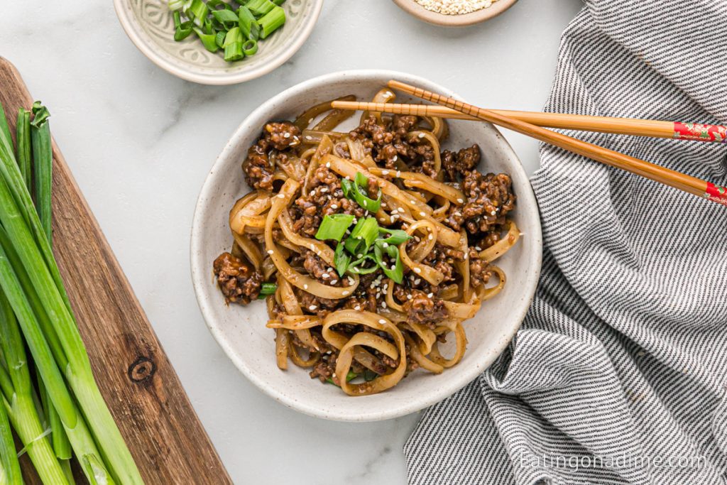 Mongolian Beef and Noodles on chopsticks