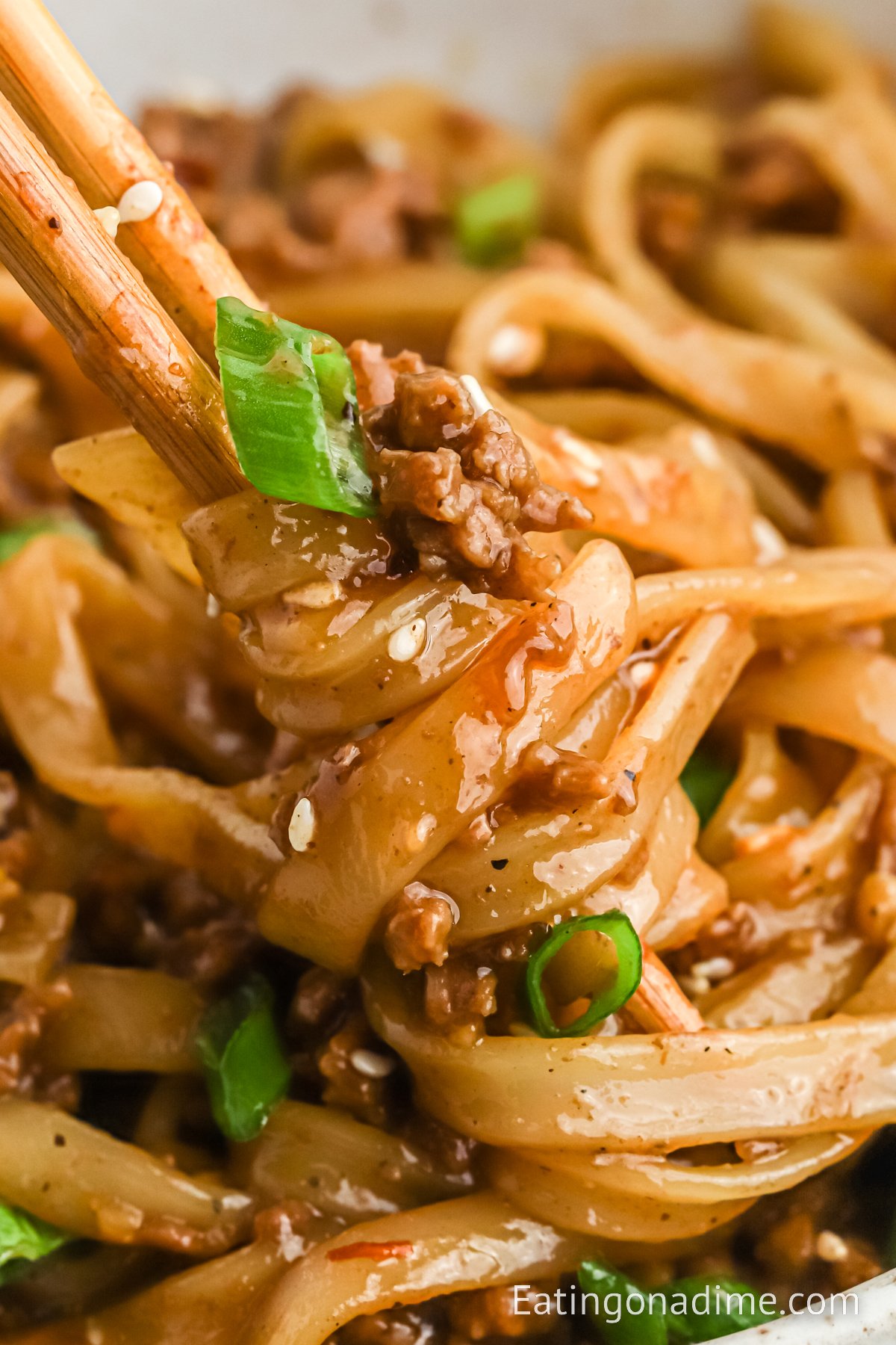 Mongolian Beef and Noodles on chopsticks