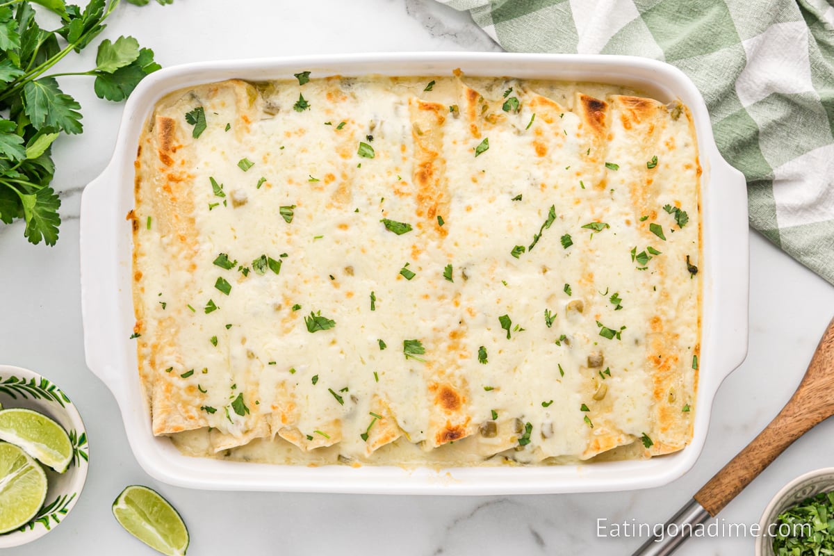 White Chicken Enchilada in a casserole dish