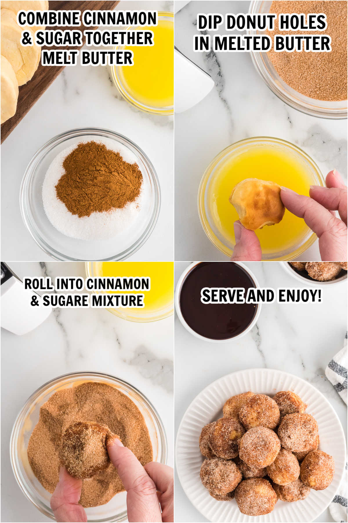 The process of mixing the cinnamon and sugar together. Dipping the donut hole in the melted butter and then rolling into the mixture