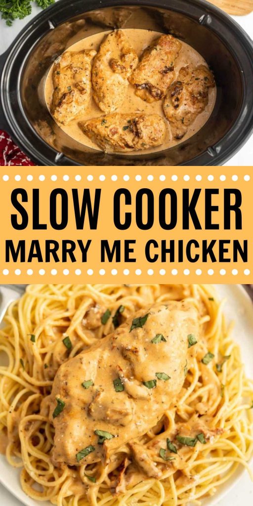 Creamy and delicious Crockpot Marry Me Chicken is easy to make in the slow cooker. Simple ingredients makes this a family favorite meal. Chicken breast is cooked in a creamy sauce with sun dried tomatoes and easy pantry seasoning to make a delicious dish. #eatingonadime #marrymechicken #crockpotmarrymechicken