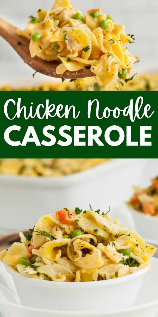 Chicken noodle casserole recipe is easy and the best comfort food. Creamy chicken and noodles with cheese make this a casserole everyone will go crazy over. Casseroles are a great way to get dinner on the table fast during busy weeknights and this simple chicken noodle casserole is one of our favorites. #eatingonadime #chickennoodlecasserole #easycasserolerecipe