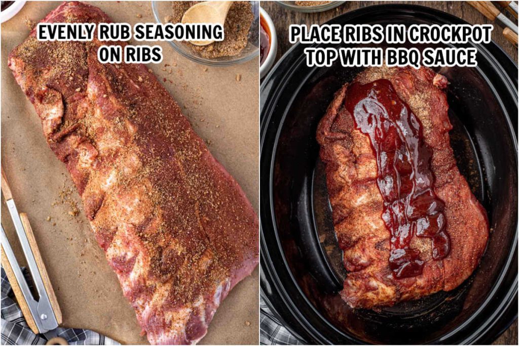 The process of adding the dry rub to the baby back ribs and placing in the slow cooker with bbq sauce