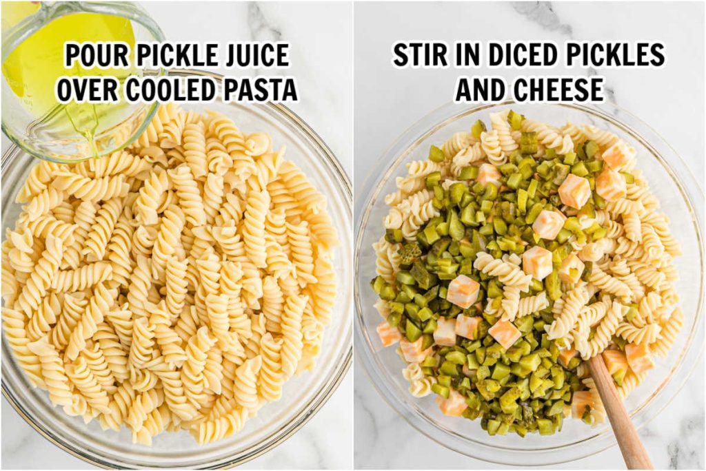 Adding pickle juice to cook pasta and adding the diced pickles