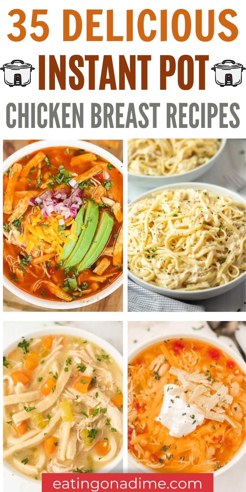 These 45 Instant Pot Chicken Recipes come together easily and you have a home cooked meal in minutes. Delicious and easy ingredients. The instant pot can cook a meal from frozen usually within about 10 to 20 minutes. Cooking chicken breast is the easiest and my favorite meat to cook in the instant pot. #eatingonadime #instantpotchickenbreastrecipes #chickenbreastrecipes #instantpot