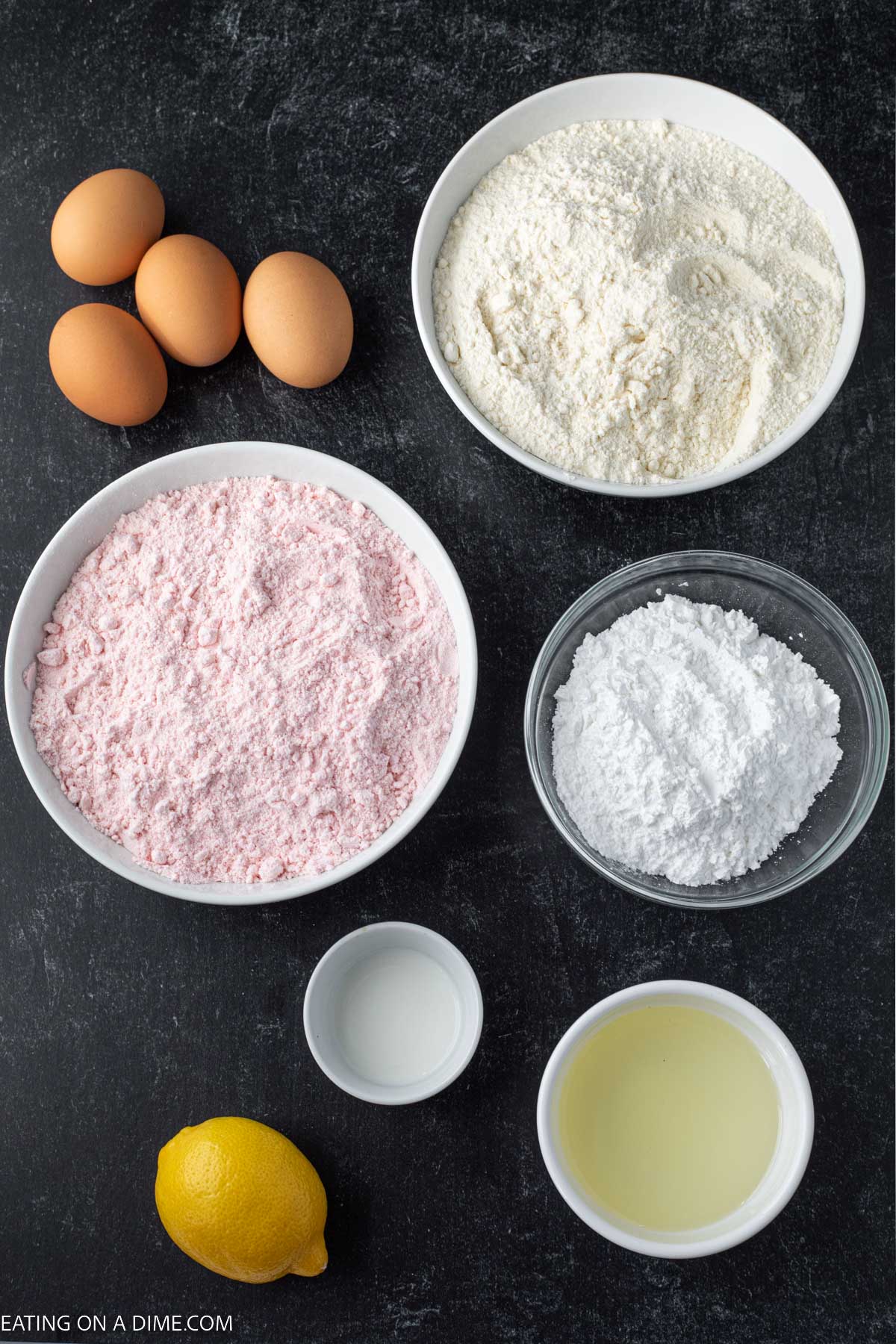 Ingredients needed - strawberry cake mix, lemon cake mix, eggs, oil, lemon juice, powdered sugar, milk