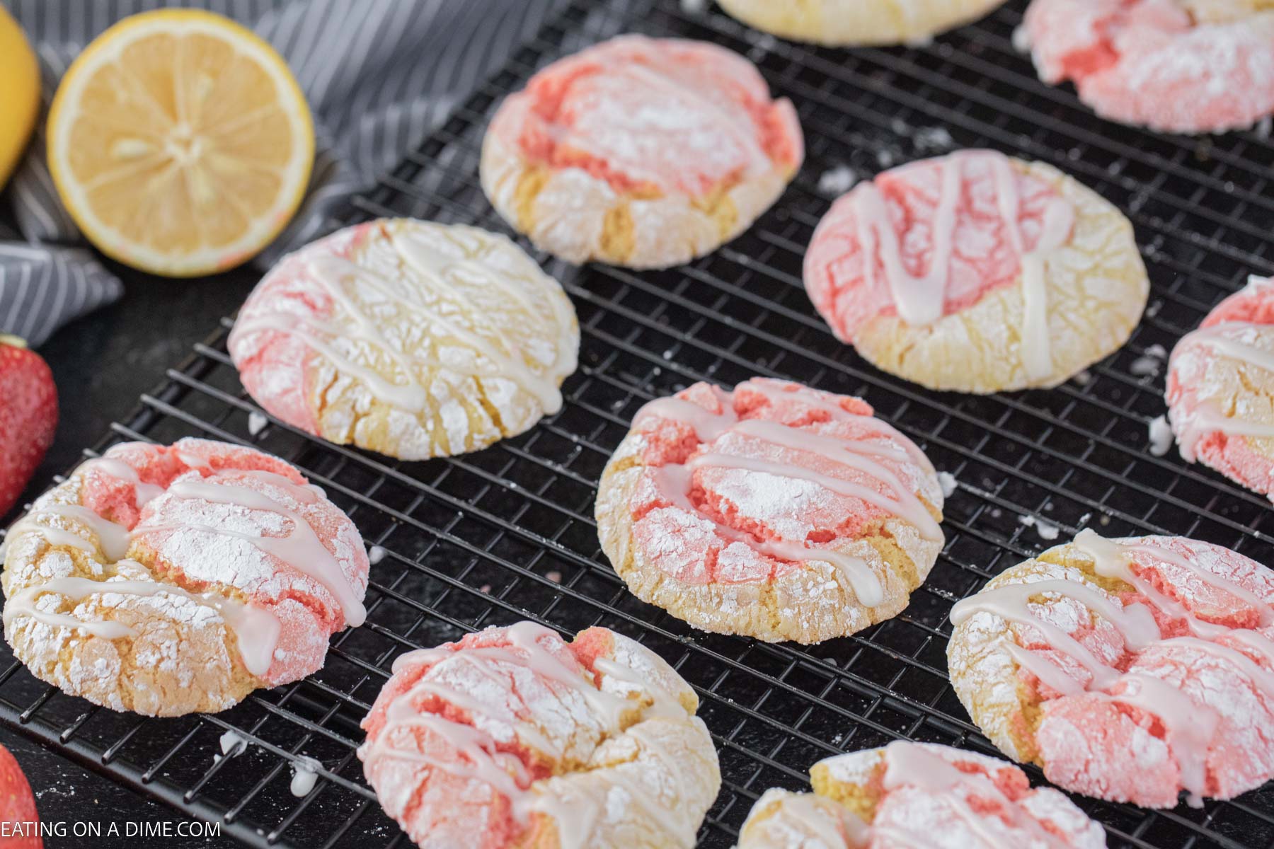 Strawberry and Lemonade cake mix cookies on a cooling rack